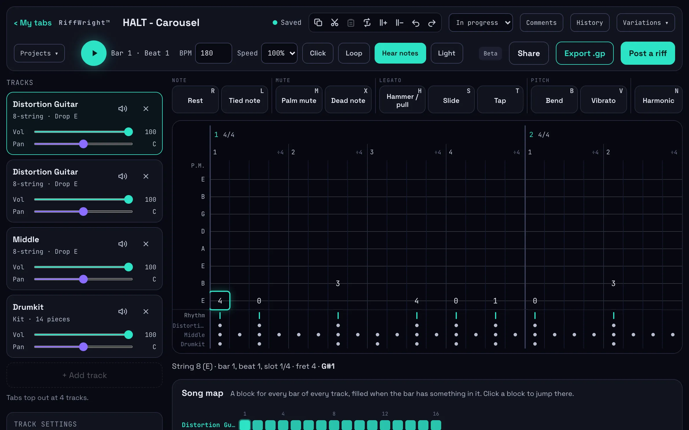 The RiffWright editor: an 8-string riff in Drop E on the tab grid, with its tracks, playback controls and song map