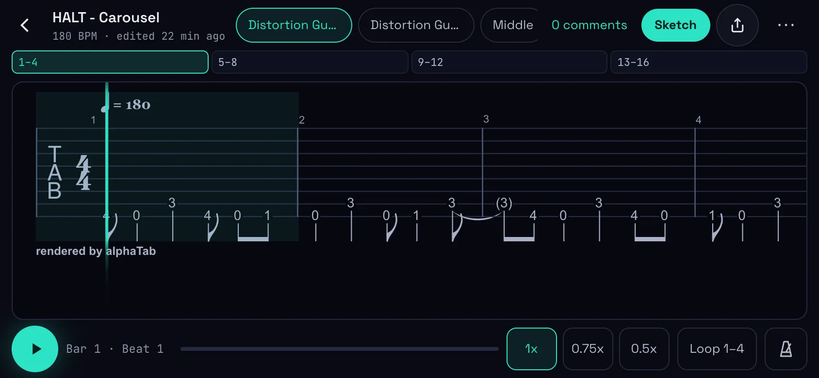 A tab playing on a phone held sideways, with speed and loop controls
